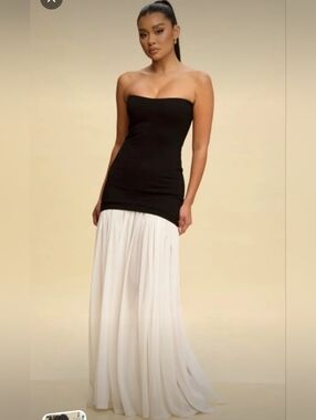 Strapless Black Bodice with Flowing White Skirt Maxi Dress